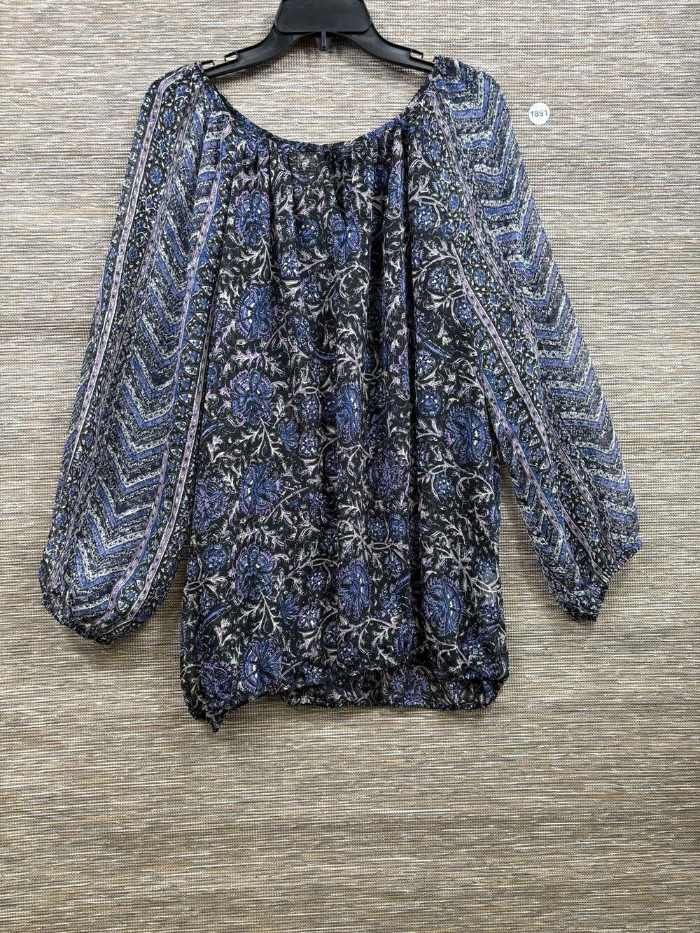 Lucky Brand Blouse Womens 3X Plus Black Scoop Neck Balloon Sleeve Floral Tunic